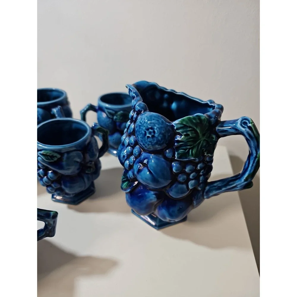 Vtg Inarco Mood Indigo Pitcher 4 Cups Creamer Set Blue Green MCM